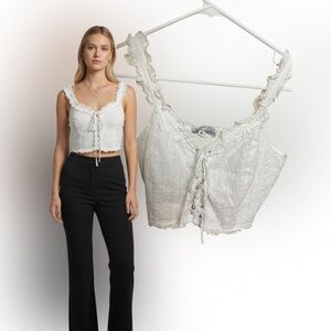 White Cotton Corset Top Ruffle Tie Front American Flirt Smocked Medium